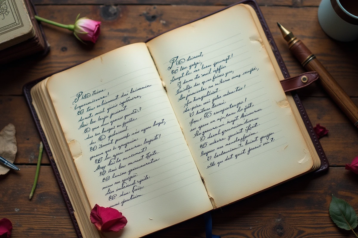 Carnet vintage ouvert avec des paroles de chanson manuscrites à l'encre sur une table en chêne, évocateur de l'écriture poétique de Francis Cabrel dans L'Encre de tes yeux