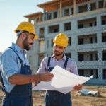 Travailleurs sur un chantier avec bâtiment moderne en arrière-plan
