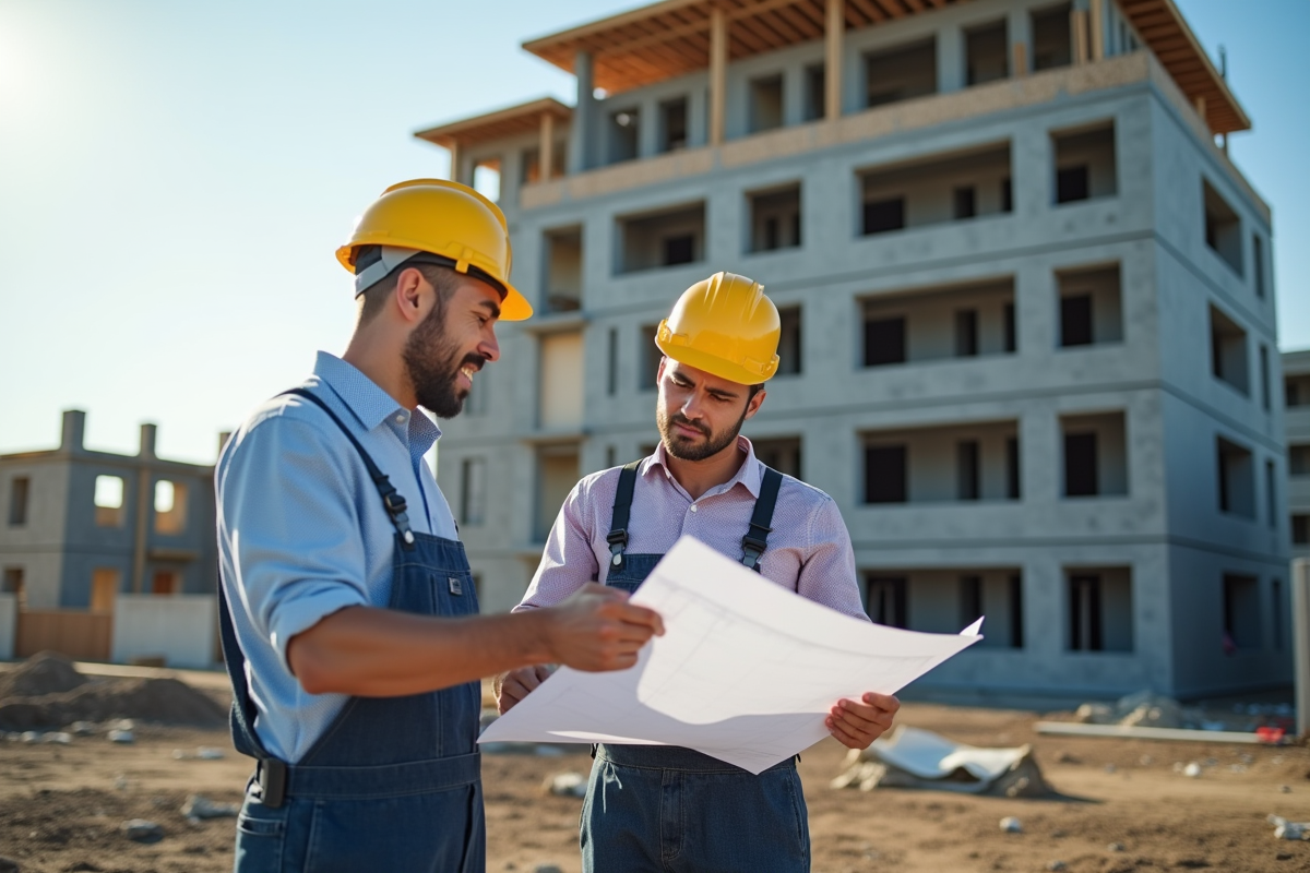 Travailleurs sur un chantier avec bâtiment moderne en arrière-plan