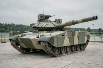 Char Leclerc XLR en exposition militaire extérieure avec blindage modernisé et tourelle améliorée, vue trois quarts avant