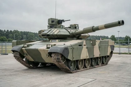 Char Leclerc XLR en exposition militaire extérieure avec blindage modernisé et tourelle améliorée, vue trois quarts avant