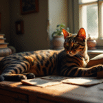 Chat bengal noir sur une table ancienne avec livres et photos