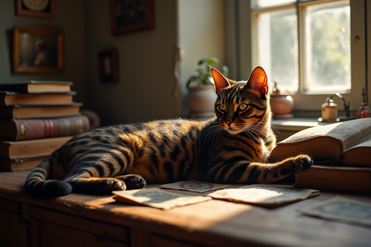 Chat bengal noir sur une table ancienne avec livres et photos