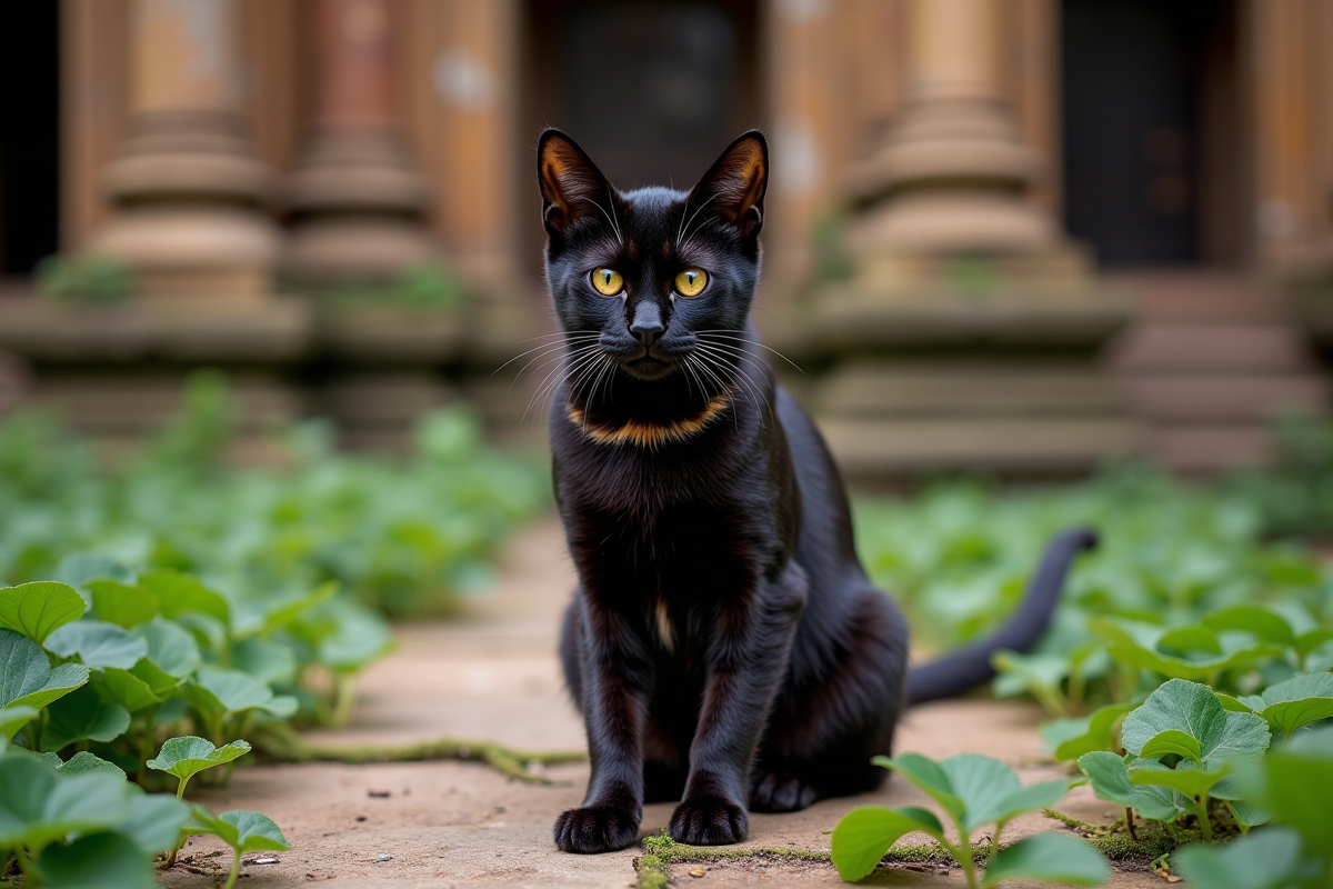 Chat bengal noir dans une cour d ancien temple en pleine lumière