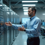 Chercheur scientifique à côté d'un ordinateur quantique moderne