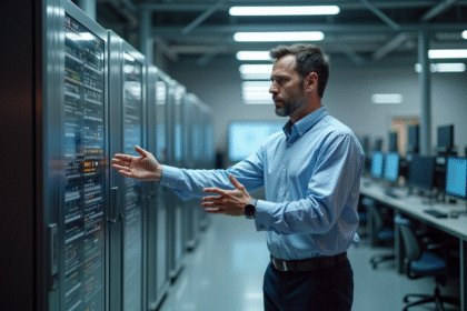 Chercheur scientifique à côté d'un ordinateur quantique moderne