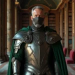 Homme en armure et masque royal dans une grande bibliothèque