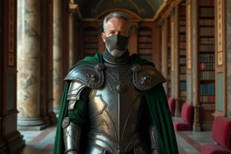 Homme en armure et masque royal dans une grande bibliothèque
