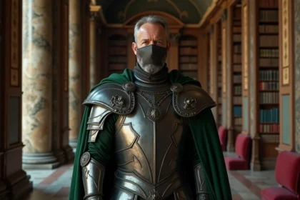 Homme en armure et masque royal dans une grande bibliothèque