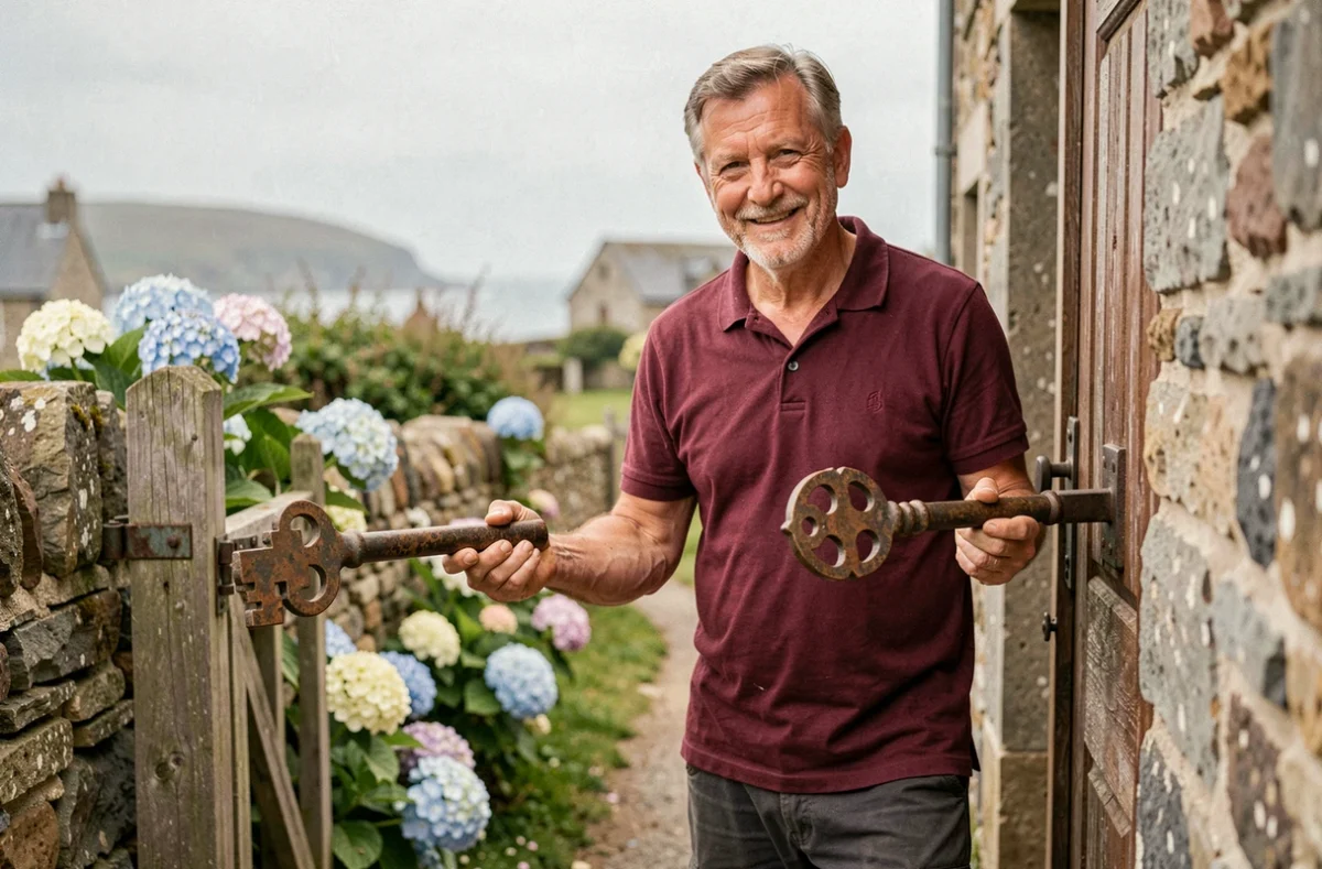 Le serrurier indépendant de Chez Pat ouvre une vieille porte de ferme bretonne avec une grande clé ancienne dans un village du Finistère
