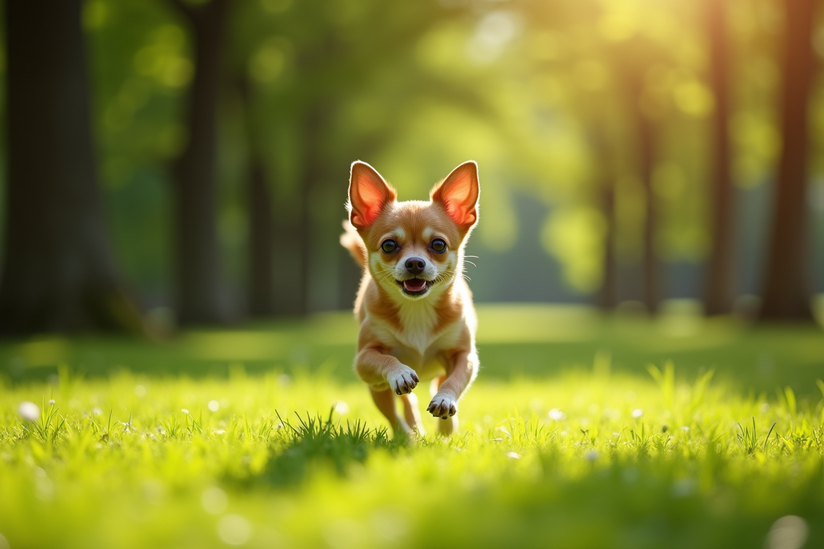 Chihuahua en pleine course dans un parc vert en plein jour