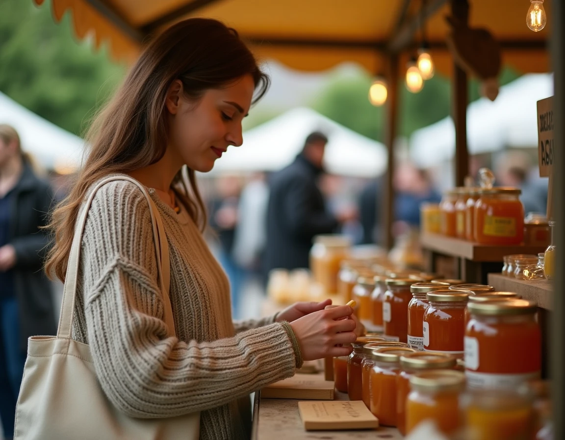 Jeune femme choisissant un pot de miel artisanal sur un stand du marché de Plouguerneau, pays des Abers