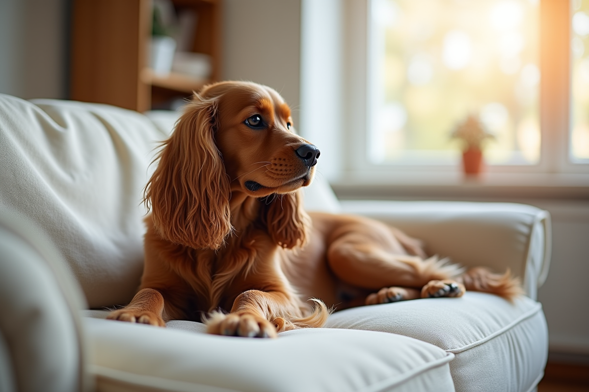 Cocker spaniel americain sur un canapé blanc lumineux