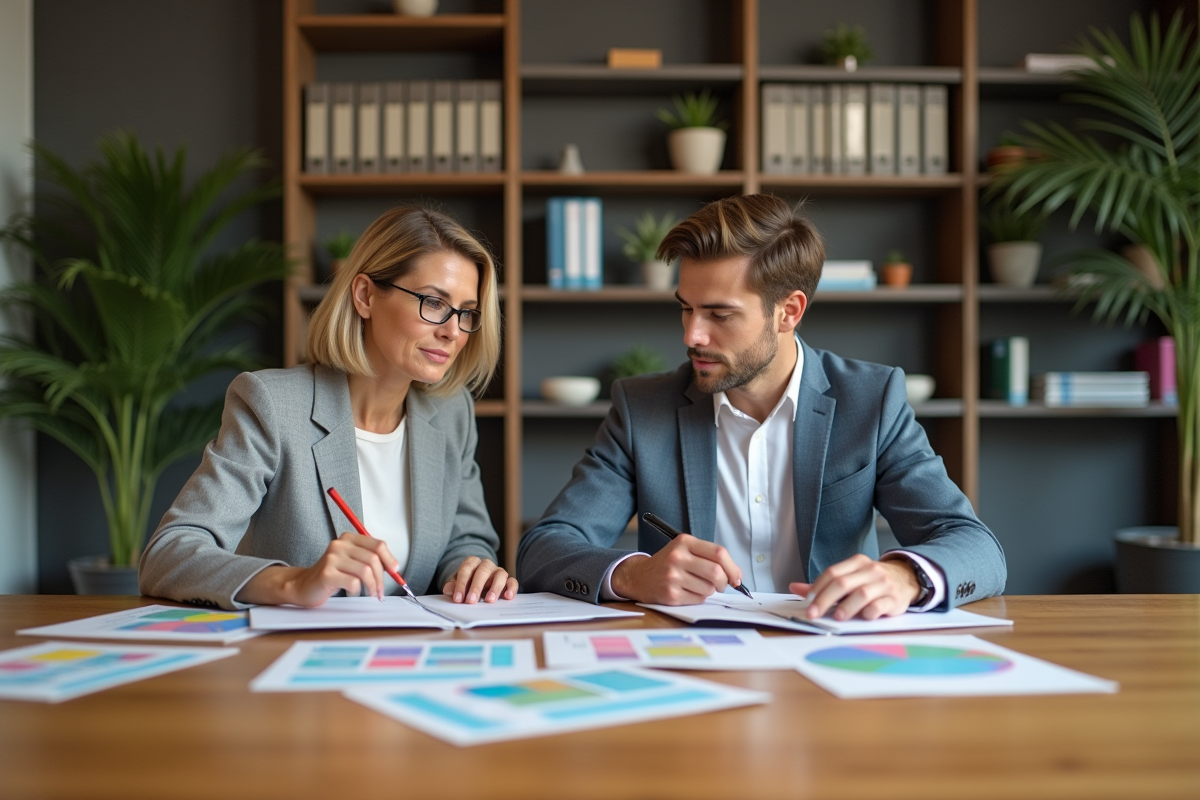 Deux personnes en réunion de travail avec documents et plans