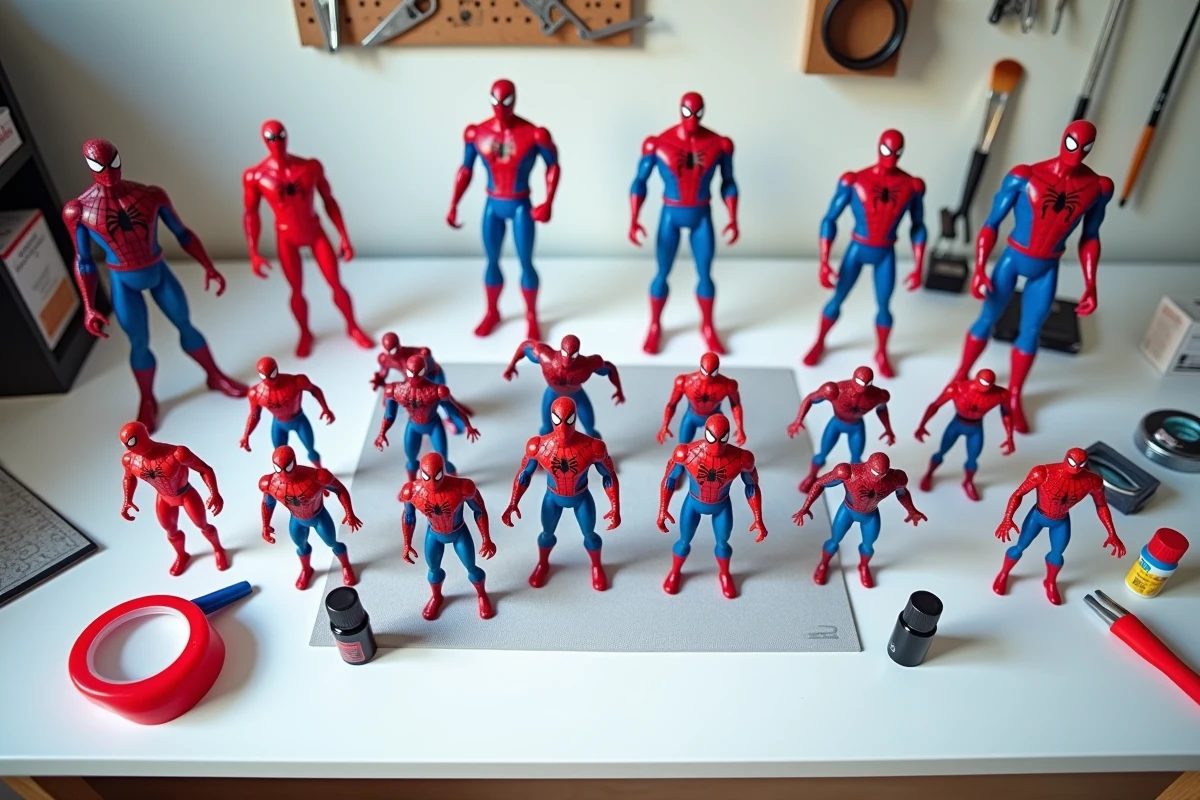 Collection de figurines Spider-Man custom à différents stades de personnalisation posées sur une table d'atelier avec outils et peintures