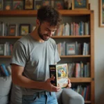 Collectionneur tenant une boîte de boosters Pokémon scellée dans un appartement de passionné avec des cartes gradées et des classeurs alignés sur des étagères en bois