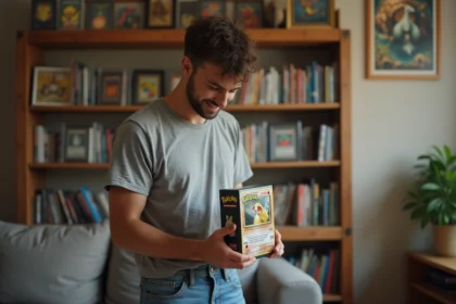 Collectionneur tenant une boîte de boosters Pokémon scellée dans un appartement de passionné avec des cartes gradées et des classeurs alignés sur des étagères en bois