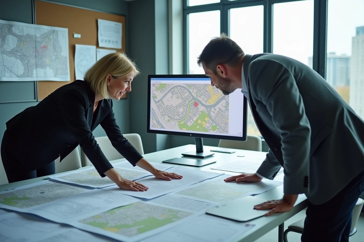 Agents de collectivité territoriale analysant des données cadastrales sur le Geoportail pour un projet d'urbanisme