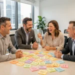 Groupe de collègues de bureau riant ensemble autour d'un bureau couvert de notes humoristiques colorées en open space moderne