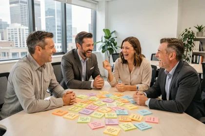 Groupe de collègues de bureau riant ensemble autour d'un bureau couvert de notes humoristiques colorées en open space moderne