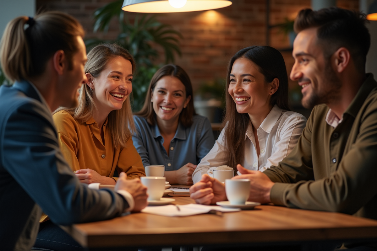 Collegues divers discutant autour d une table dans un espace convivial
