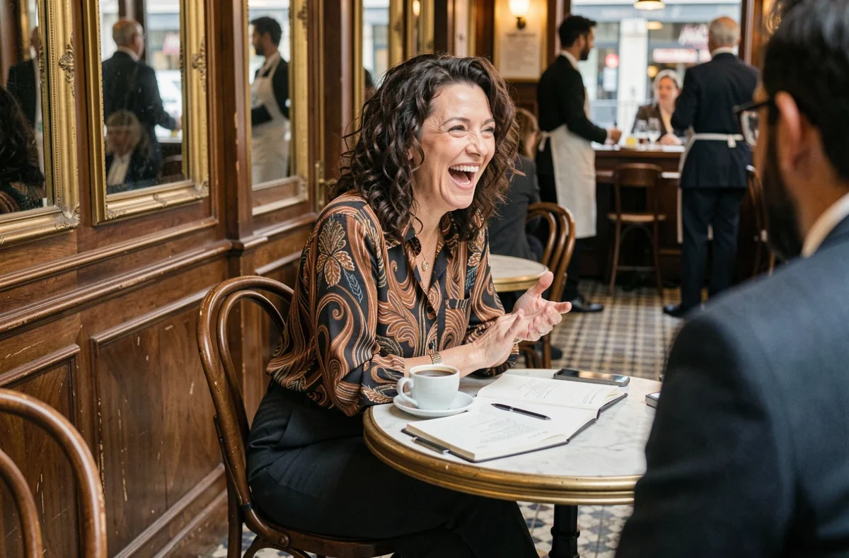 Comédienne française riant dans une brasserie parisienne lors d'une conversation informelle
