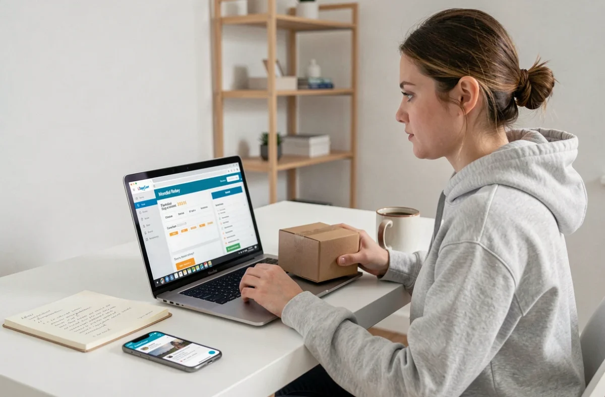 Jeune femme comparant les tarifs Mondial Relay sur ordinateur pour une vente Le Bon Coin