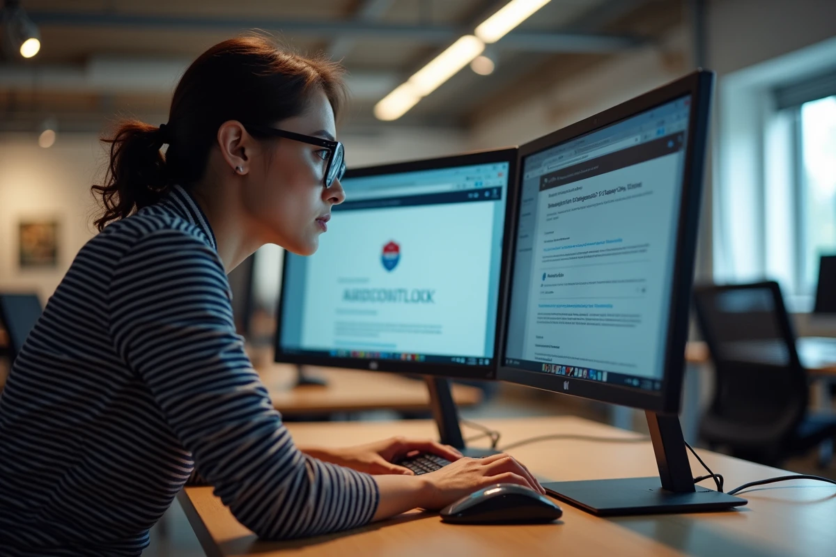 Jeune femme en espace de coworking comparant deux URLs sur un écran d'ordinateur pour identifier le vrai site officiel