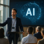 Confident orateur présentant sur l'intelligence artificielle lors d'une conférence
