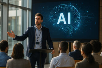 Confident orateur présentant sur l'intelligence artificielle lors d'une conférence