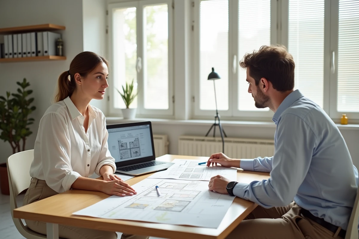 Architecte et géomètre expert consultant des plans cadastraux dans un bureau moderne sur la Côte d'Azur