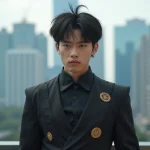 Jeune homme cosplay Black Goku en extérieur dans la ville