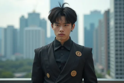 Jeune homme cosplay Black Goku en extérieur dans la ville