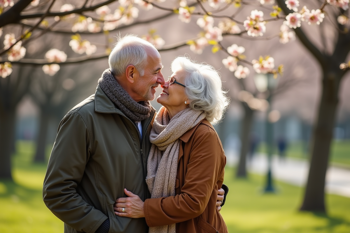 Couple âgé partageant un baiser dans un parc fleuri