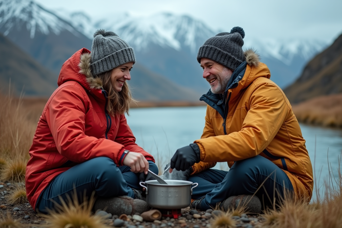 Couple préparant un repas au bord d