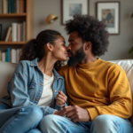 Jeune couple interracial s'embrassant dans un salon chaleureux
