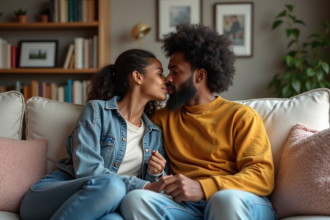 Jeune couple interracial s'embrassant dans un salon chaleureux