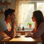 Jeune couple assis à la table de cuisine avec tension
