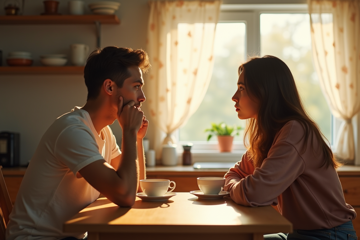 Jeune couple assis à la table de cuisine avec tension