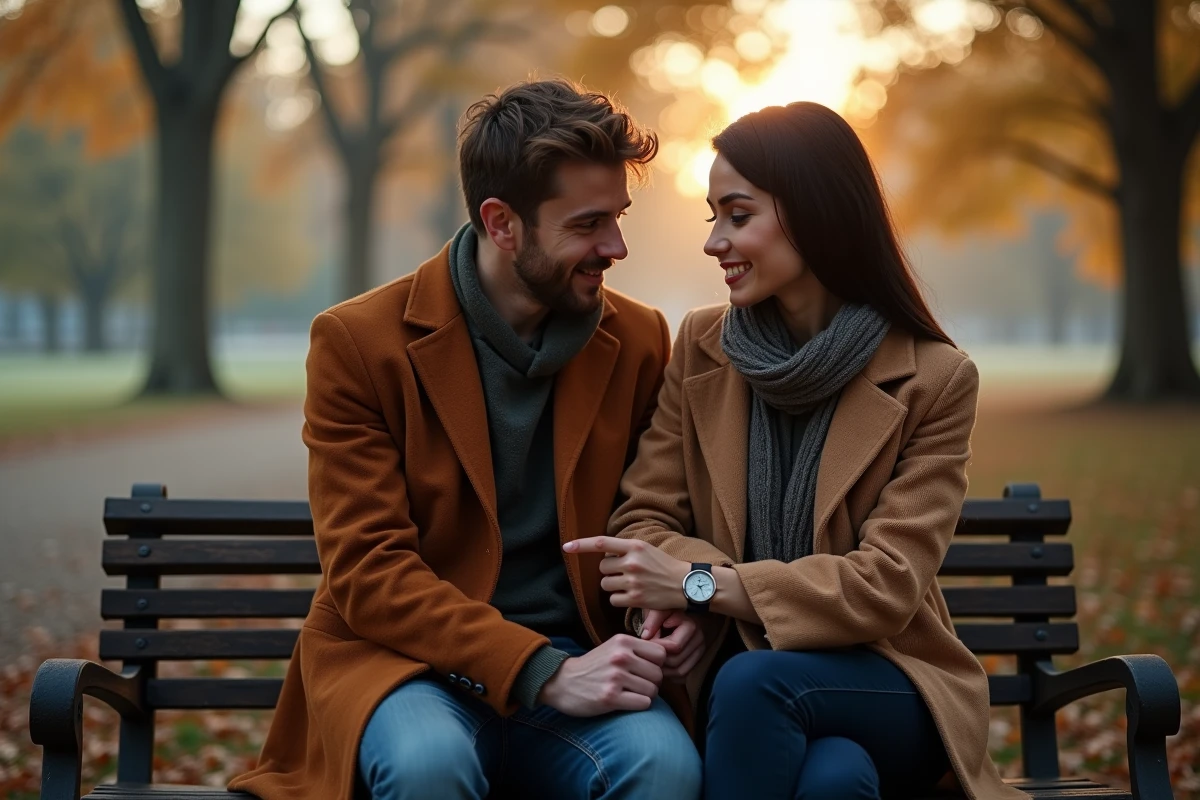 Couple dans un parc d'automne regardant une montre affichant 20h20, évoquant les significations de l'heure miroir en amour et les erreurs d'interprétation à éviter