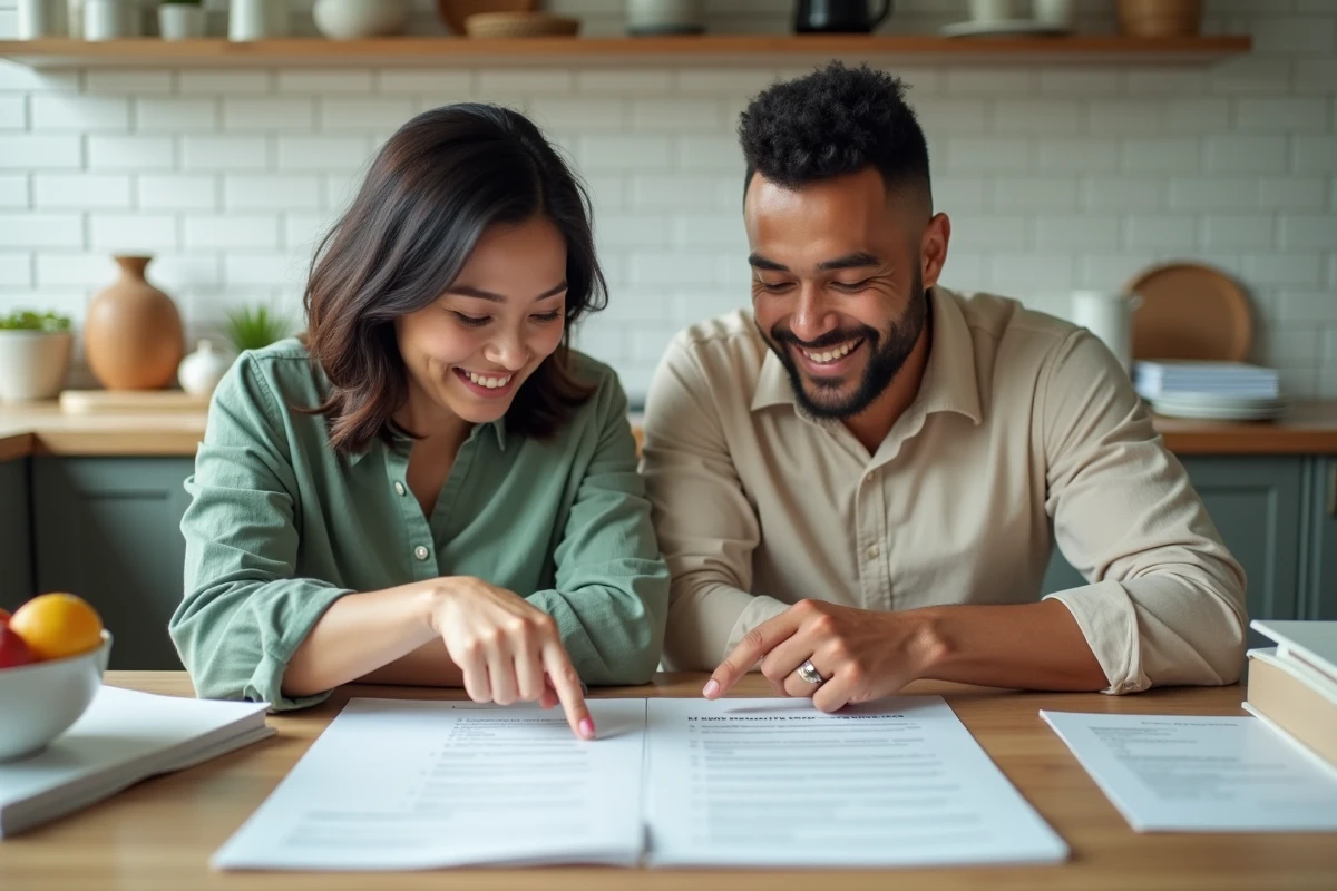Couple révisant ensemble les questions de naturalisation française dans une cuisine à domicile