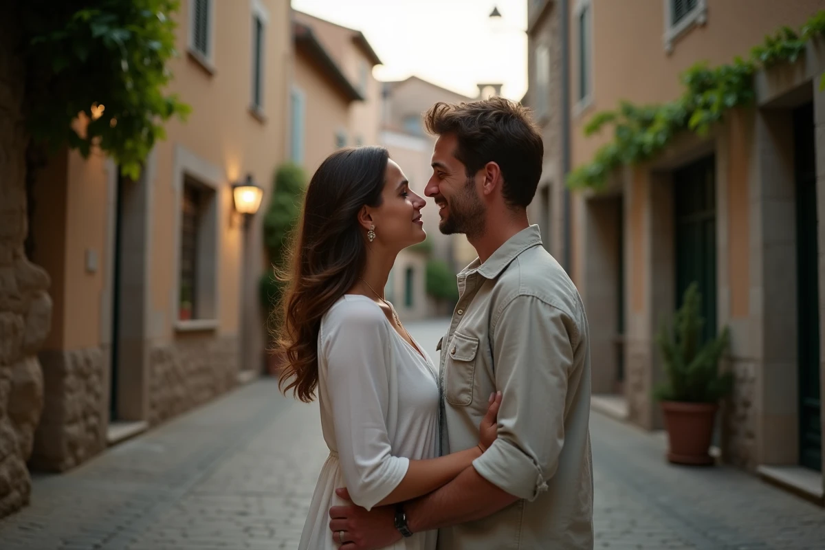 Couple romantique dans une rue pavée d'un village du sud de la France, atmosphère poétique et mélancolique inspirée des chansons d'amour de Francis Cabrel