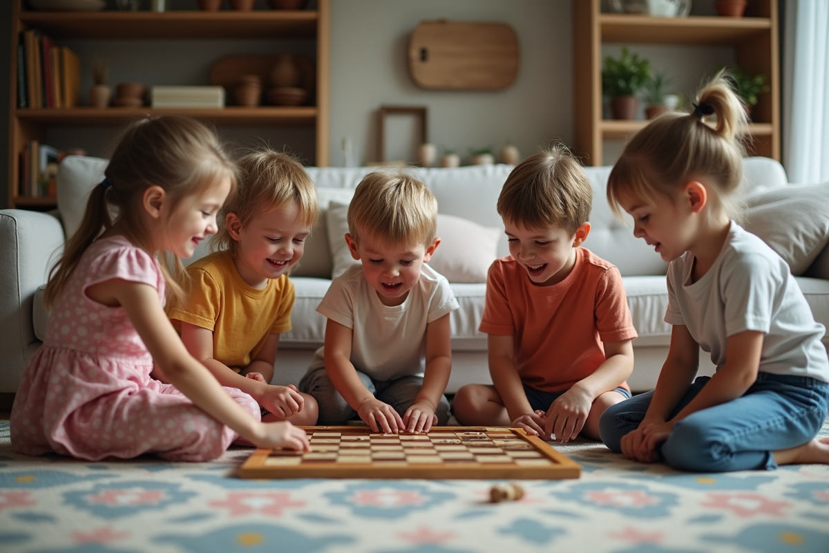 Cousins jouant à un jeu de société dans le salon