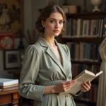 Femme en robe couture 1947 dans son atelier