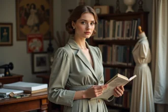 Femme en robe couture 1947 dans son atelier