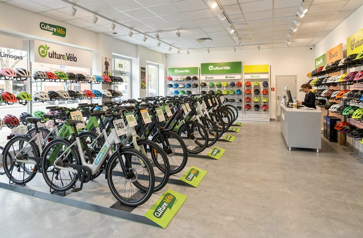 Intérieur du magasin Culture Vélo à Limoges avec des vélos électriques en exposition
