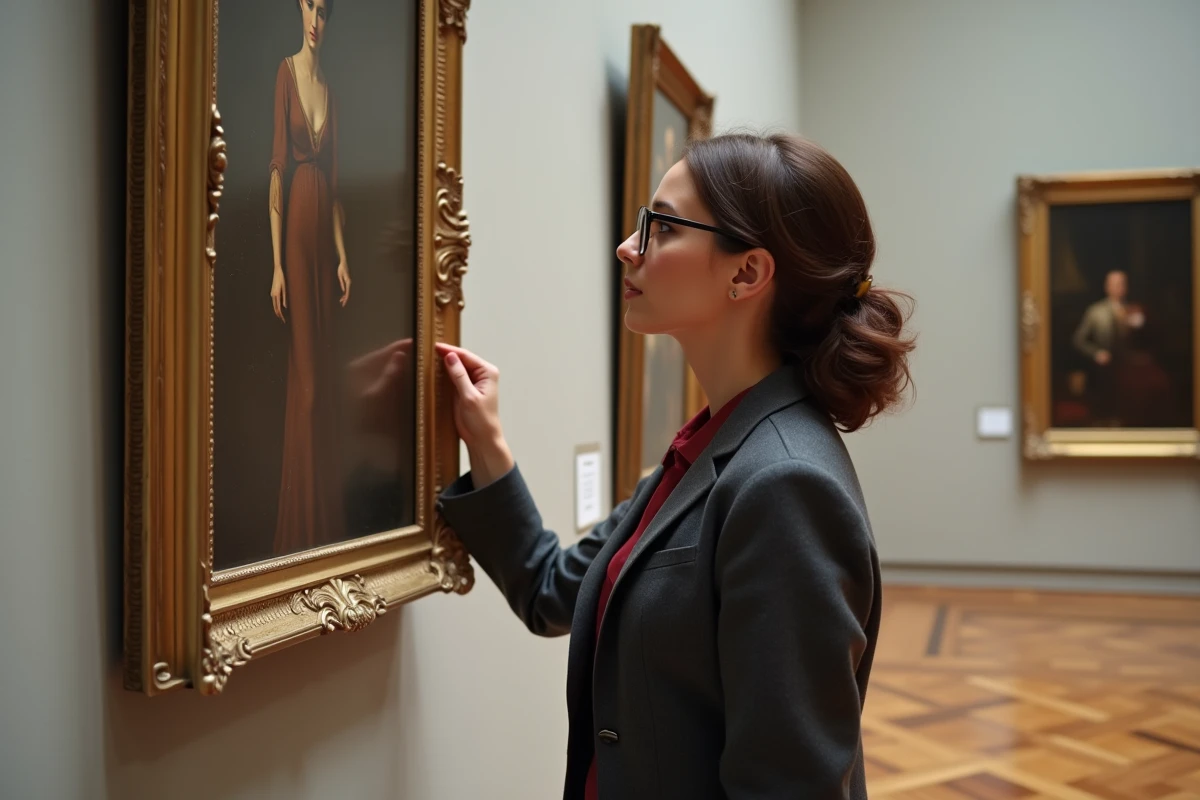 Curatrice examinant une peinture française du début du 20ème siècle dans un musée parisien