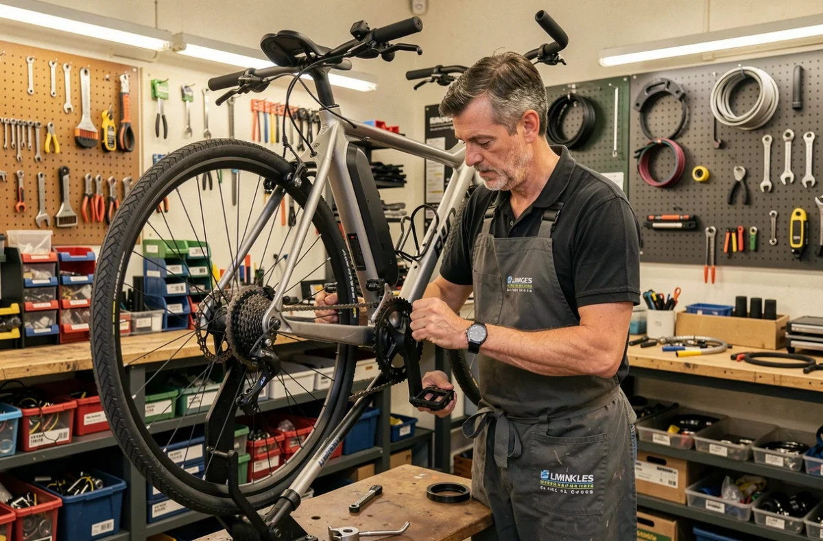 Mécanicien réparant un vélo électrique dans l'atelier de Cycles Picot à Limoges