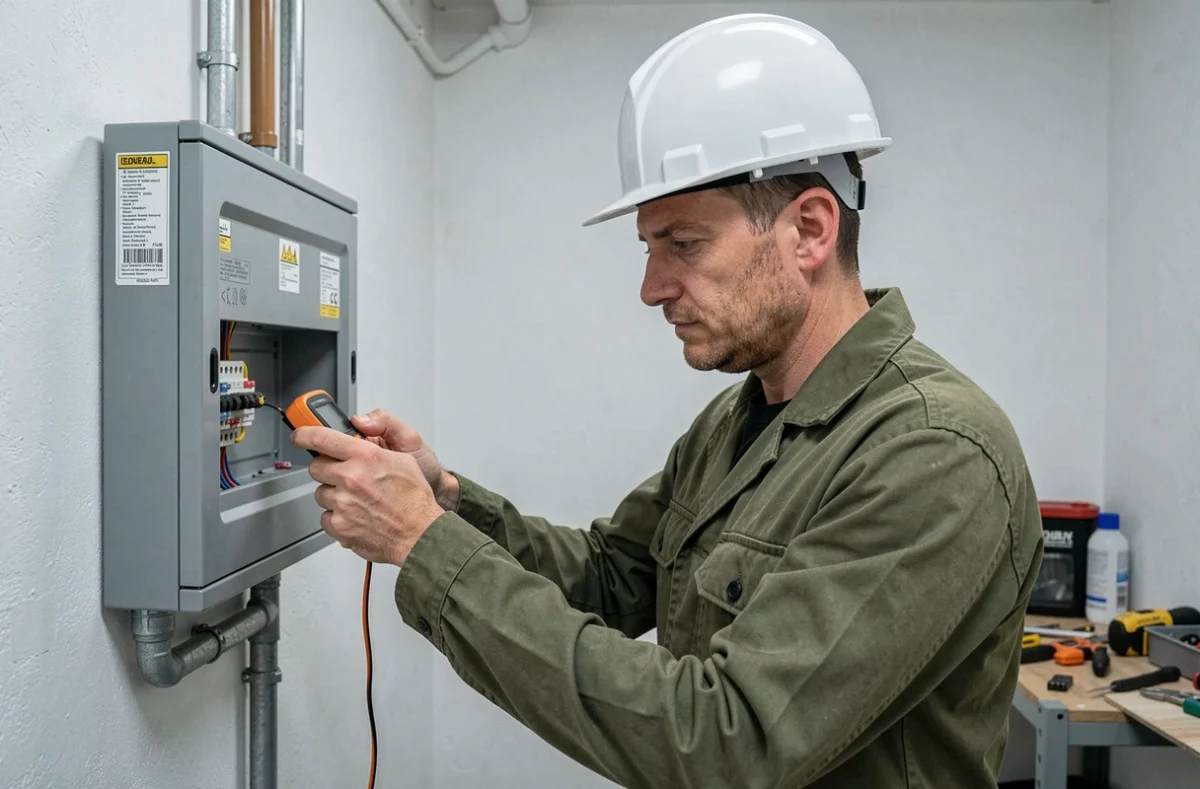 Électricien Debuchy Edouard Maxime inspectant un tableau électrique dans un appartement à Montreuil