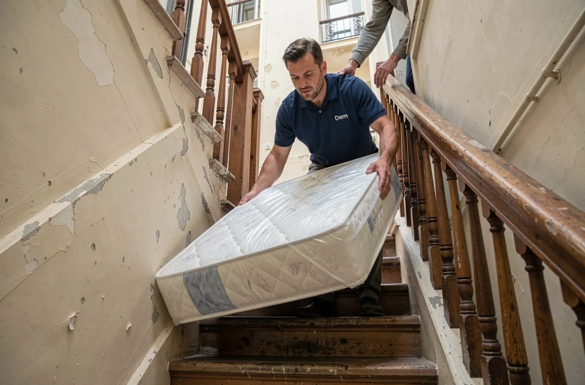 Déménageur de l'entreprise Dem descendant un matelas emballé dans l'escalier étroit d'un immeuble ancien
